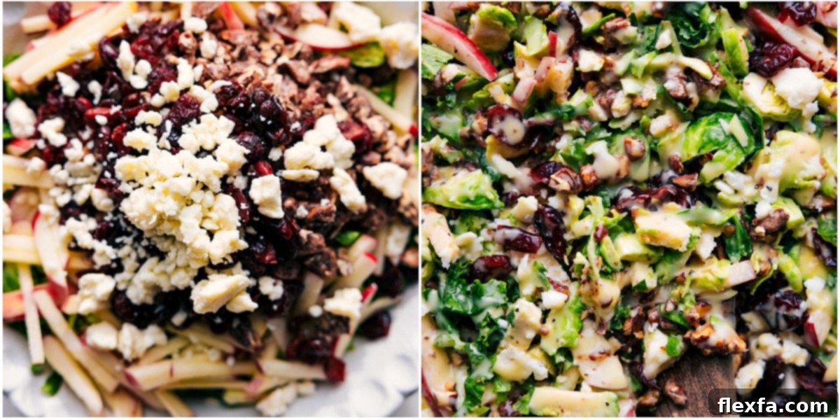 All the ingredients for this Brussel sprout salad recipe tossed together with dressing in a bowl.