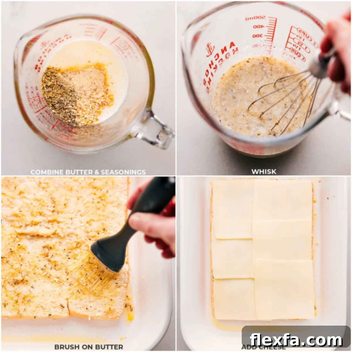 The butter and seasoning being mixed together and spread on the buns along with cheese for these Pizza Sliders.