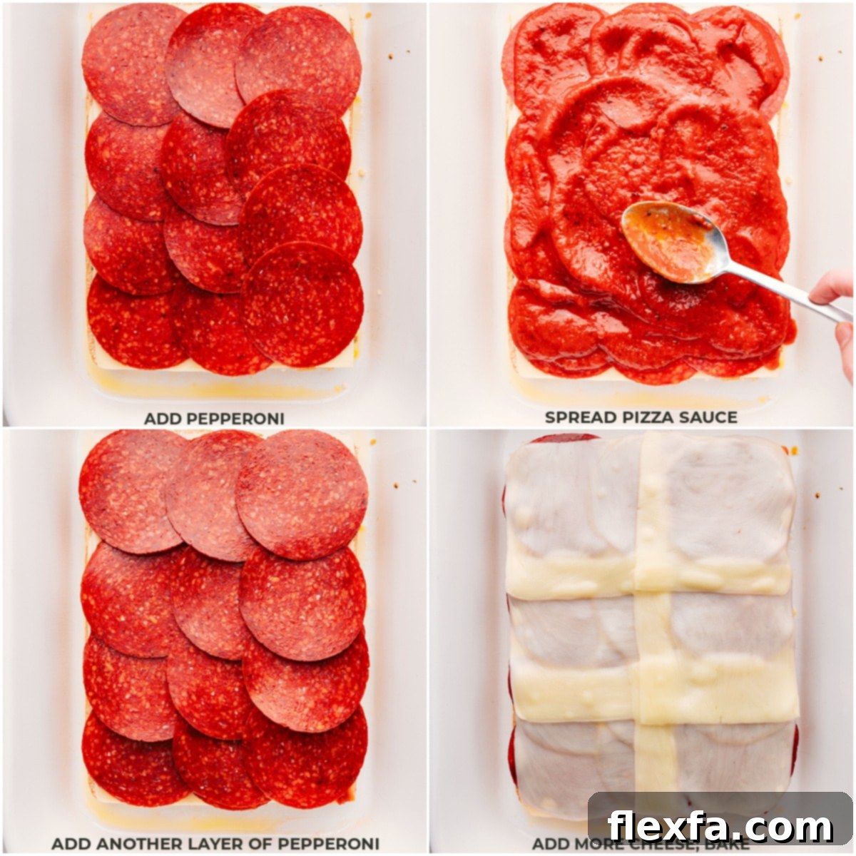 Pepperoni, sauce, and cheese being layered on the dish.
