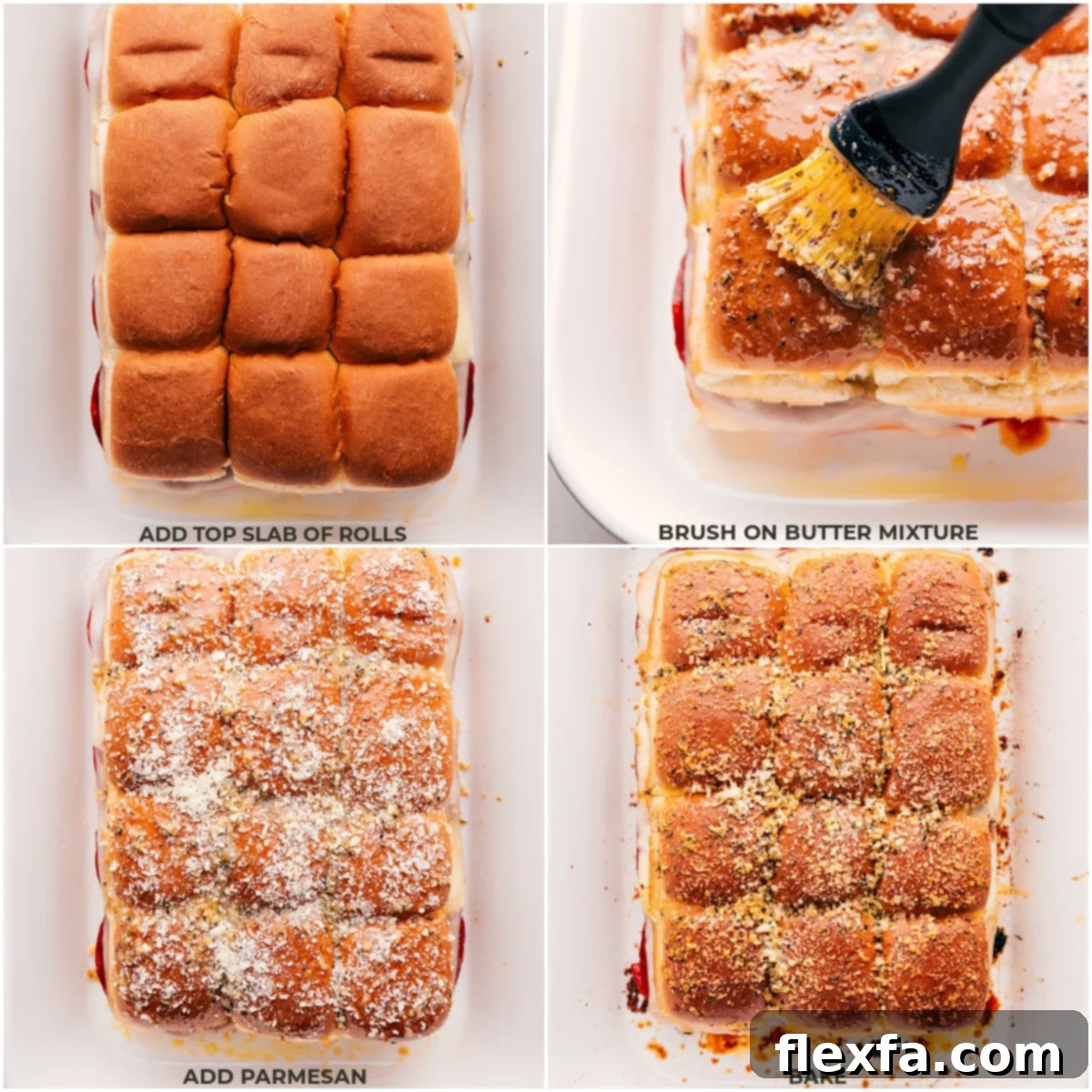 The top slab of rolls being added on top and butter being spread on top of everything and the Pizza Sliders being baked.