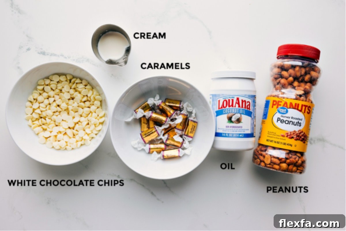 Ingredients for Polar Bear Paws, including white chocolate chips, cream, caramels, oil, and peanuts.