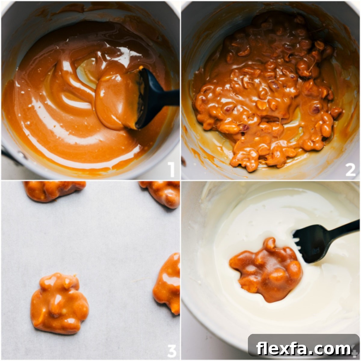 Melted caramel mixed with peanuts, formed into clusters, and dipped in white chocolate.