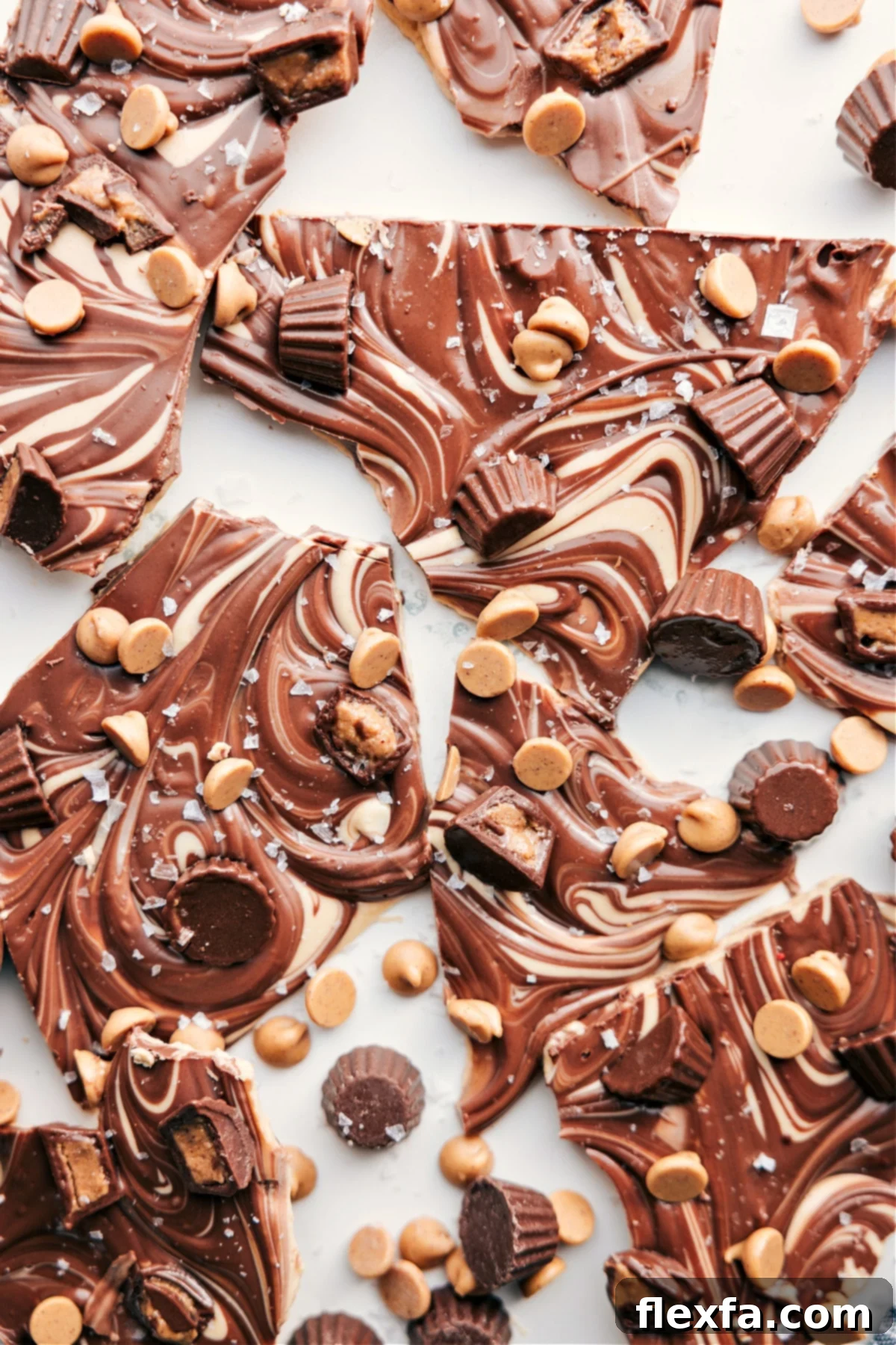 Delicious Peanut Butter Bark broken into pieces, ready to be enjoyed.