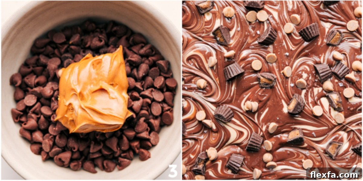 The chocolate and peanut butter layer being melted together and spread over the white chocolate layer, then the toppings pressed on top.