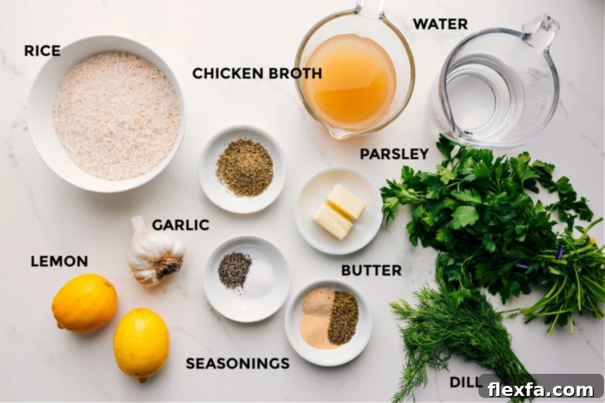 All the ingredients for Greek Rice, prepped and ready to use.