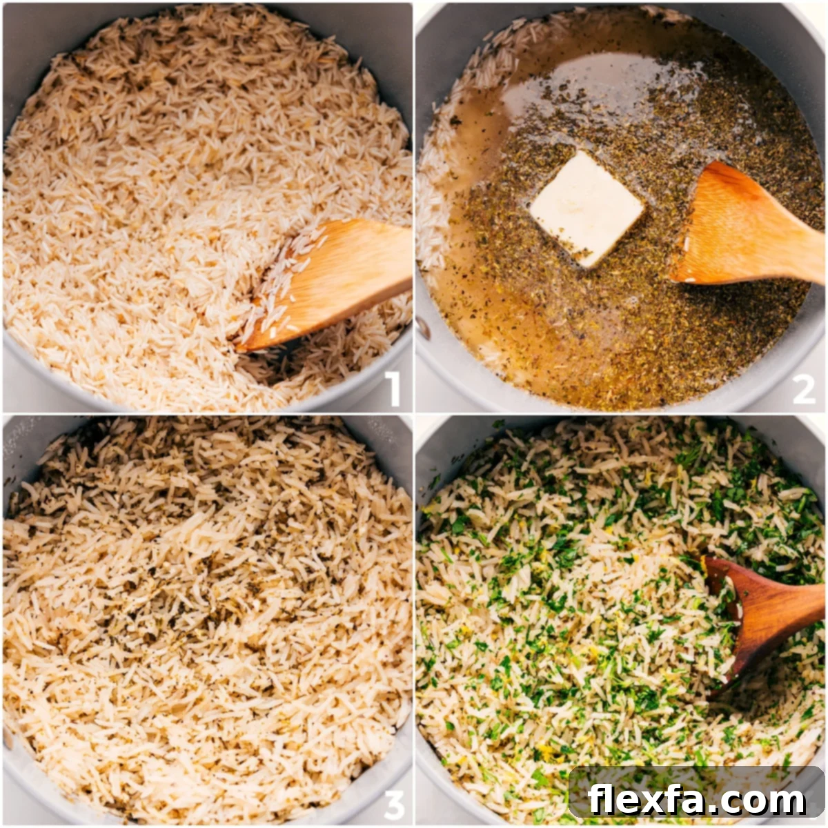 Greek Rice being mixed with herbs and lemon.