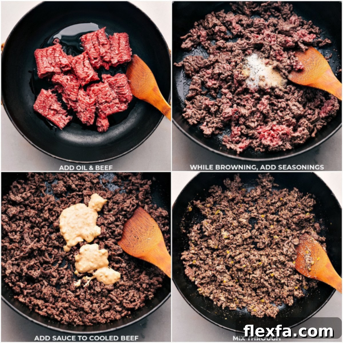 Browning beef and adding sauce for cheeseburger sliders.