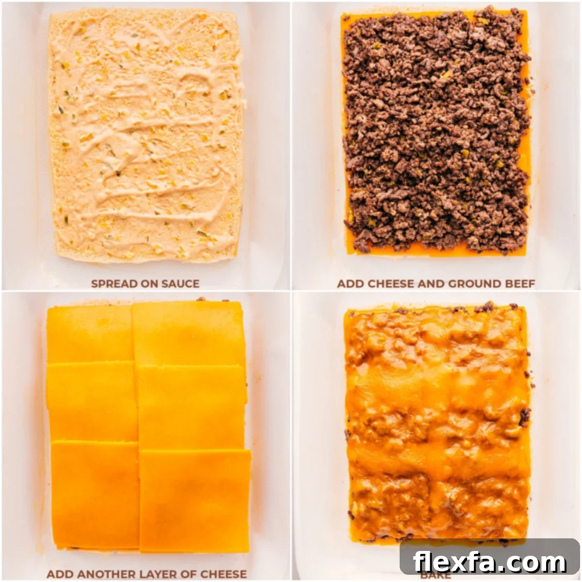 Assembling the cheeseburger sliders with sauce, cheese, and beef.