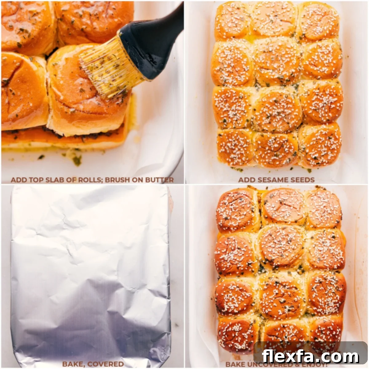 Buttered rolls and baking cheeseburger sliders.