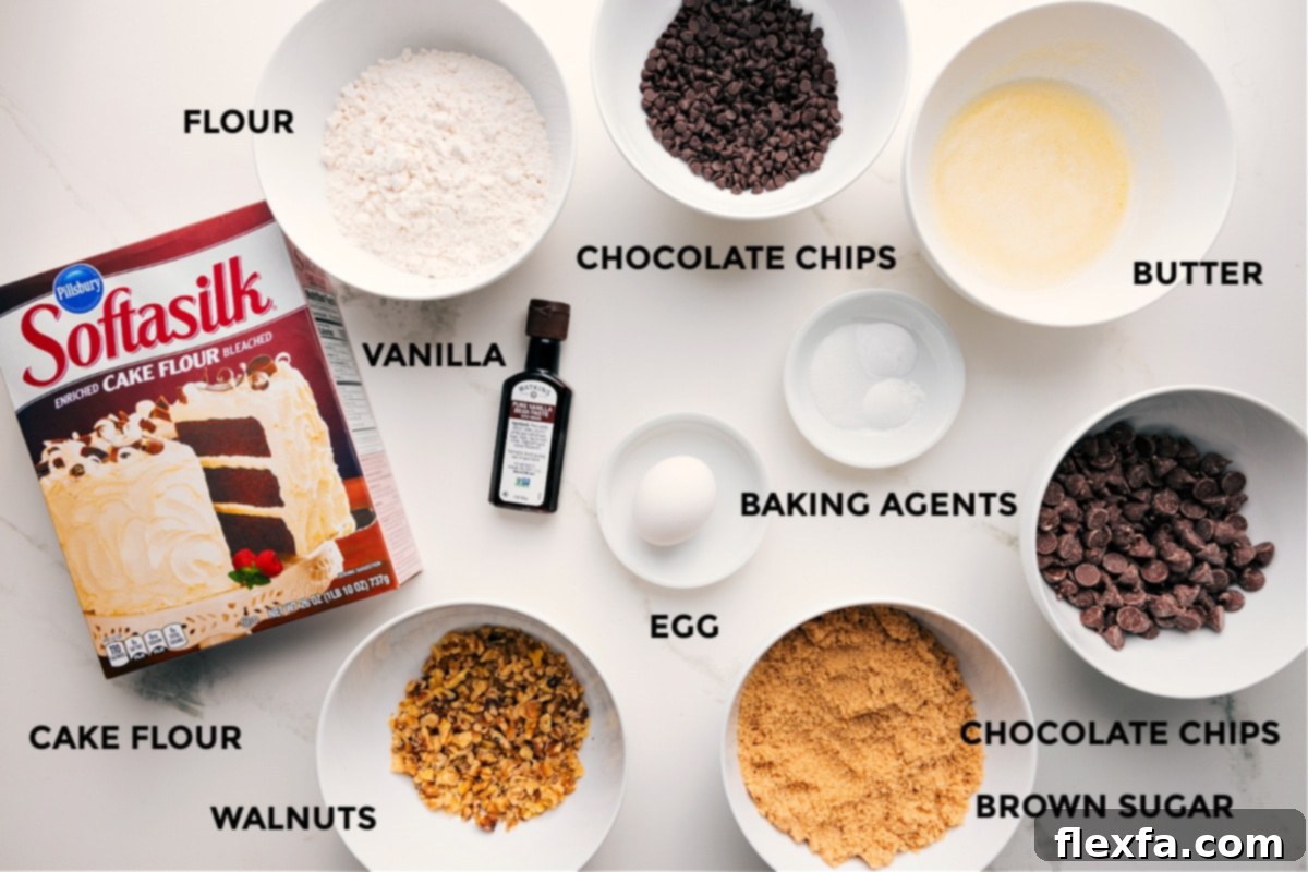 Ingredients for Levain cookies: flour, butter, sugar, chocolate chips, and walnuts.