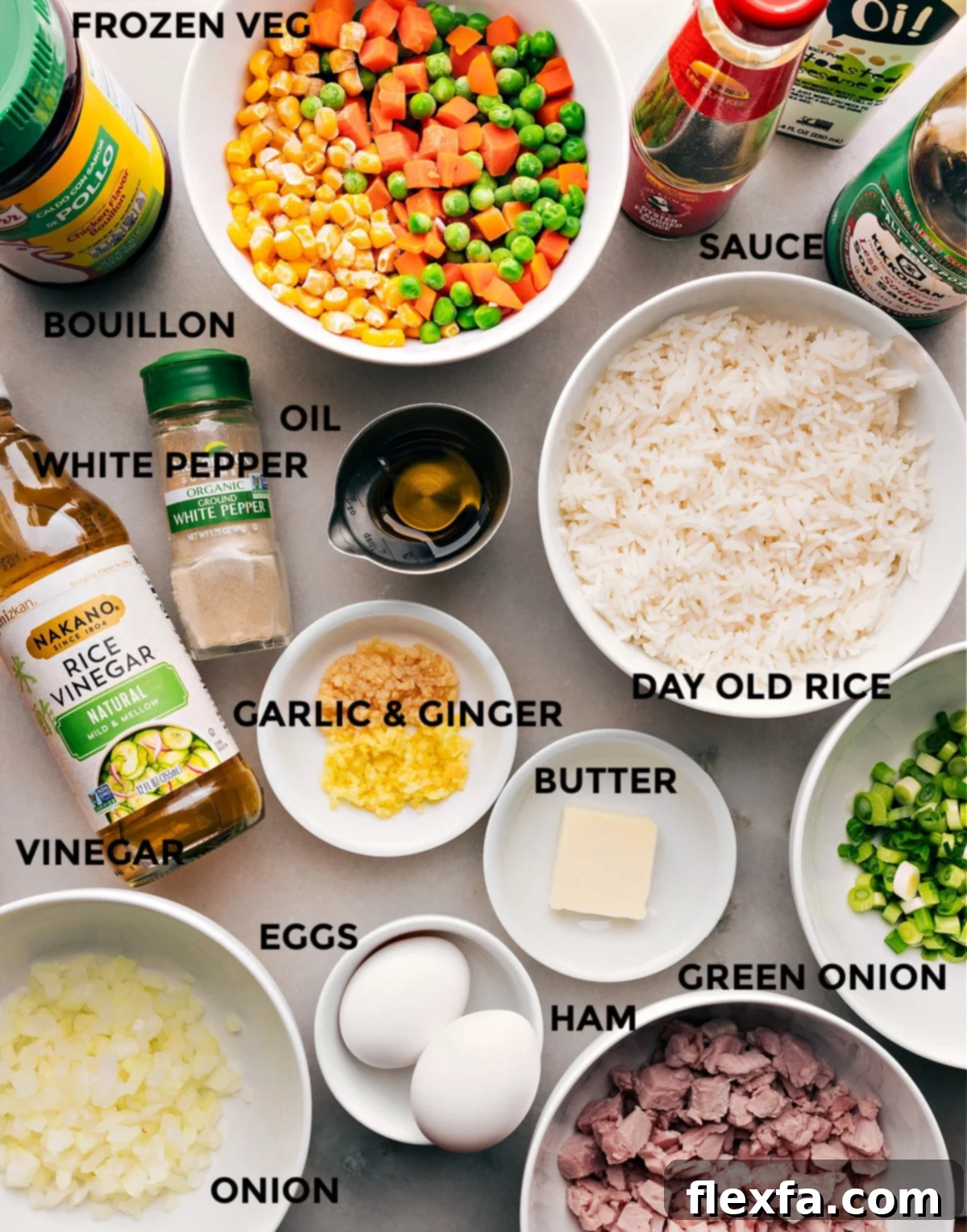 Ingredients for Ham Fried Rice, prepped and ready to use.