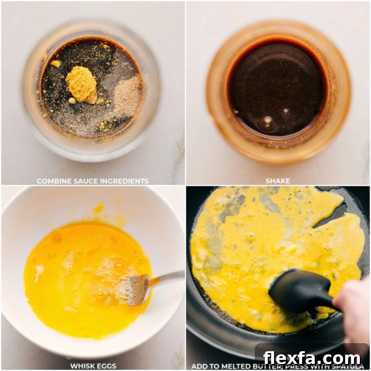 Sauce ingredients being combined, and eggs being cooked for Ham Fried Rice.