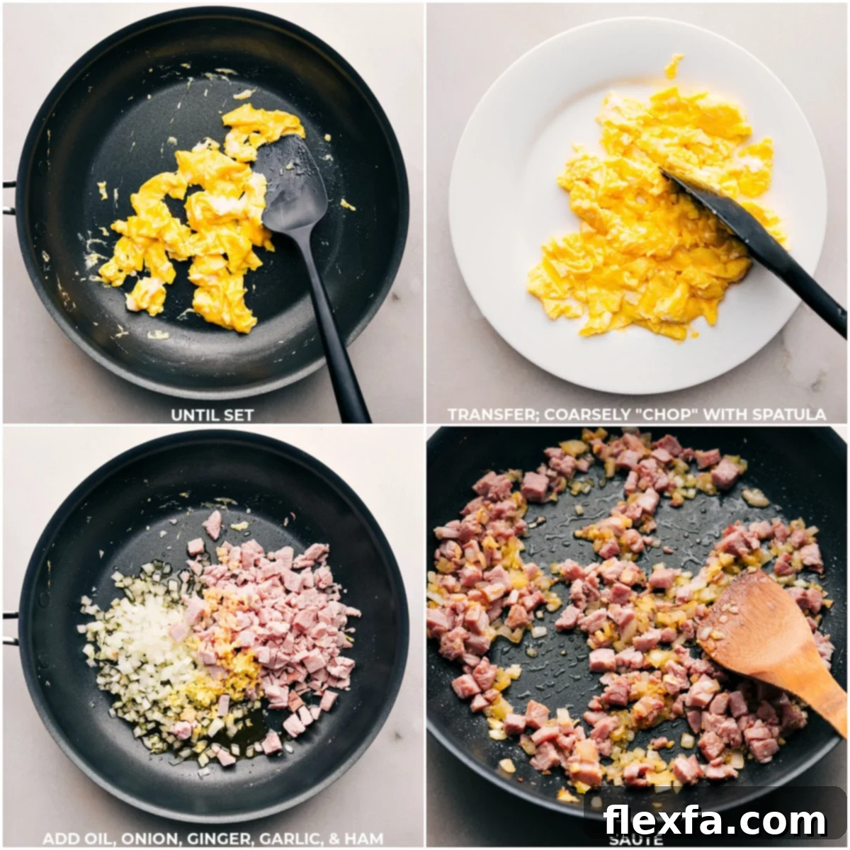 Finishing the eggs, then onion, ginger, garlic, and ham being cooked in the skillet.