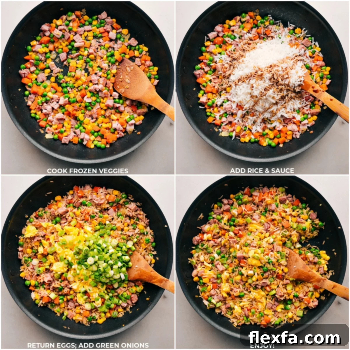 Frozen veggies being added, then rice, sauce, eggs, and onions being added to the pot for the Ham Fried Rice.