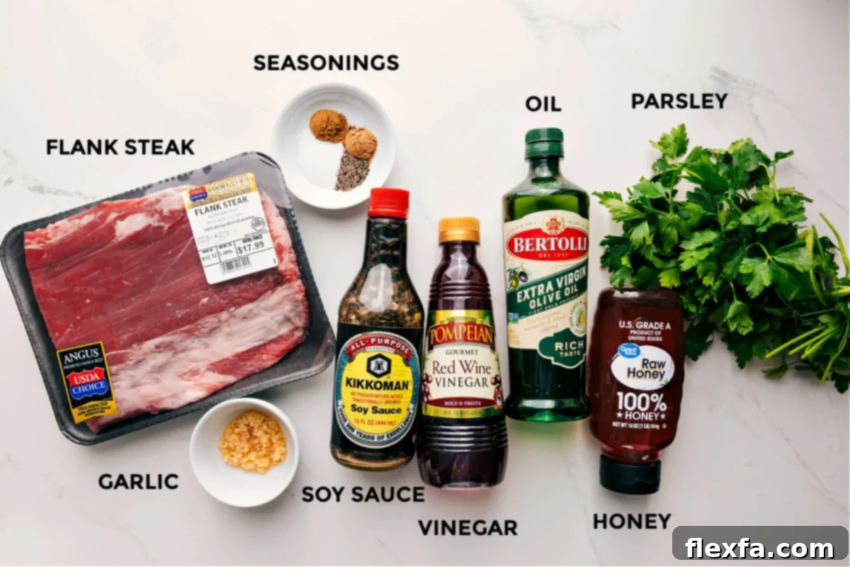 Ingredients for London Broil recipe: flank steak, garlic, soy sauce, vinegar, honey, parsley, oil, and seasonings.