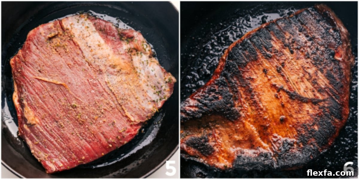 Marinated flank steak being broiled.