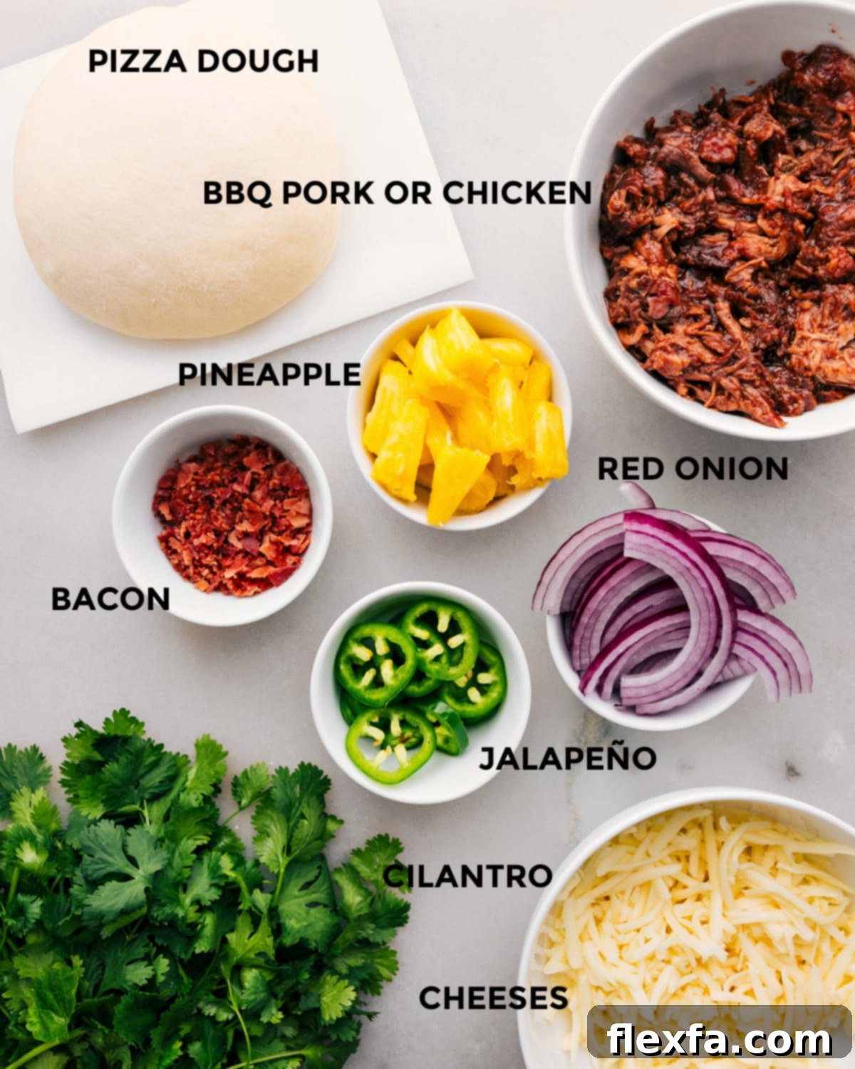 All the ingredients for this BBQ Chicken Pizza recipe, prepped and ready to assemble