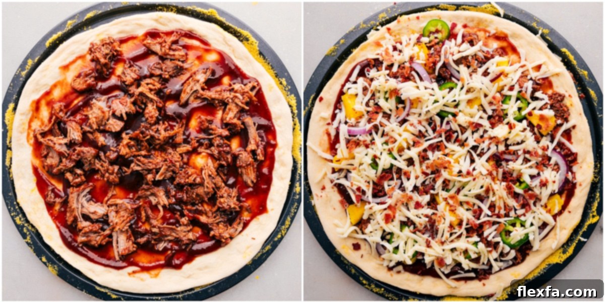 Layering the ingredients onto the pizza dough