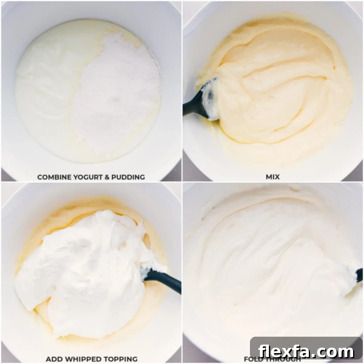 Mixing yogurt and pudding, then folding in cool whip for the Cheesecake Fruit Salad dressing.