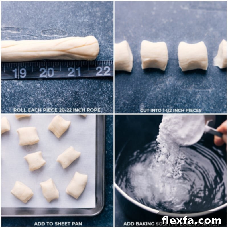 Adding the pretzel bites to baking soda and boiling water.
