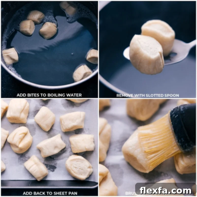Pretzel bites in boiling water and covered in butter