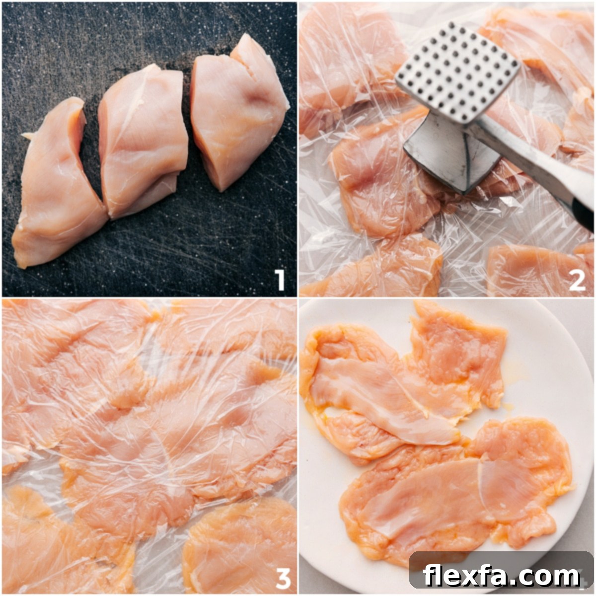 How To Prep The Chicken For This Parmesan Chicken Recipe Chicken being sliced and pounded to an even thickness for Parmesan Chicken.