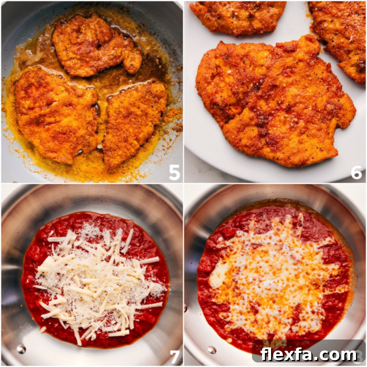 How To Make Parmesan Chicken Recipe Breaded chicken frying in a pan, then being added to sauce and topped with cheese.
