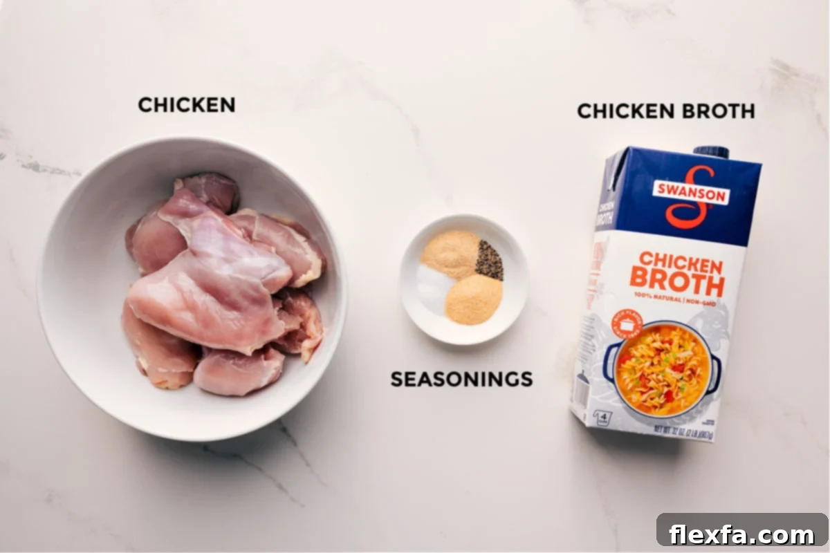 Ingredients prepped for making shredded chicken: chicken thighs, seasonings, and chicken broth