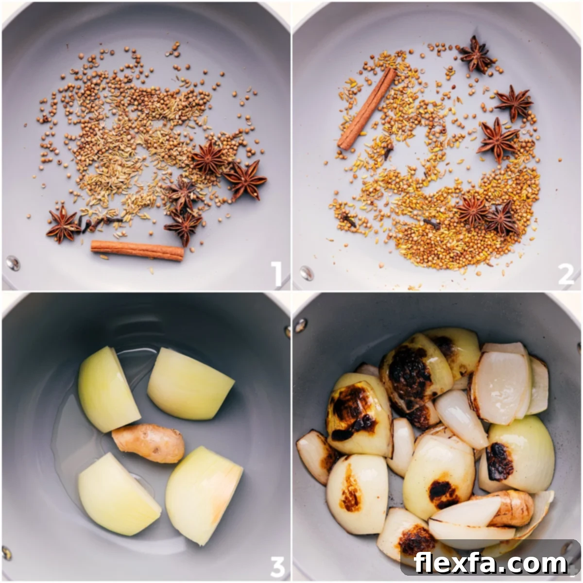 Spices and seasonings toasting in a pan before onions and ginger for this chicken pho recipe.