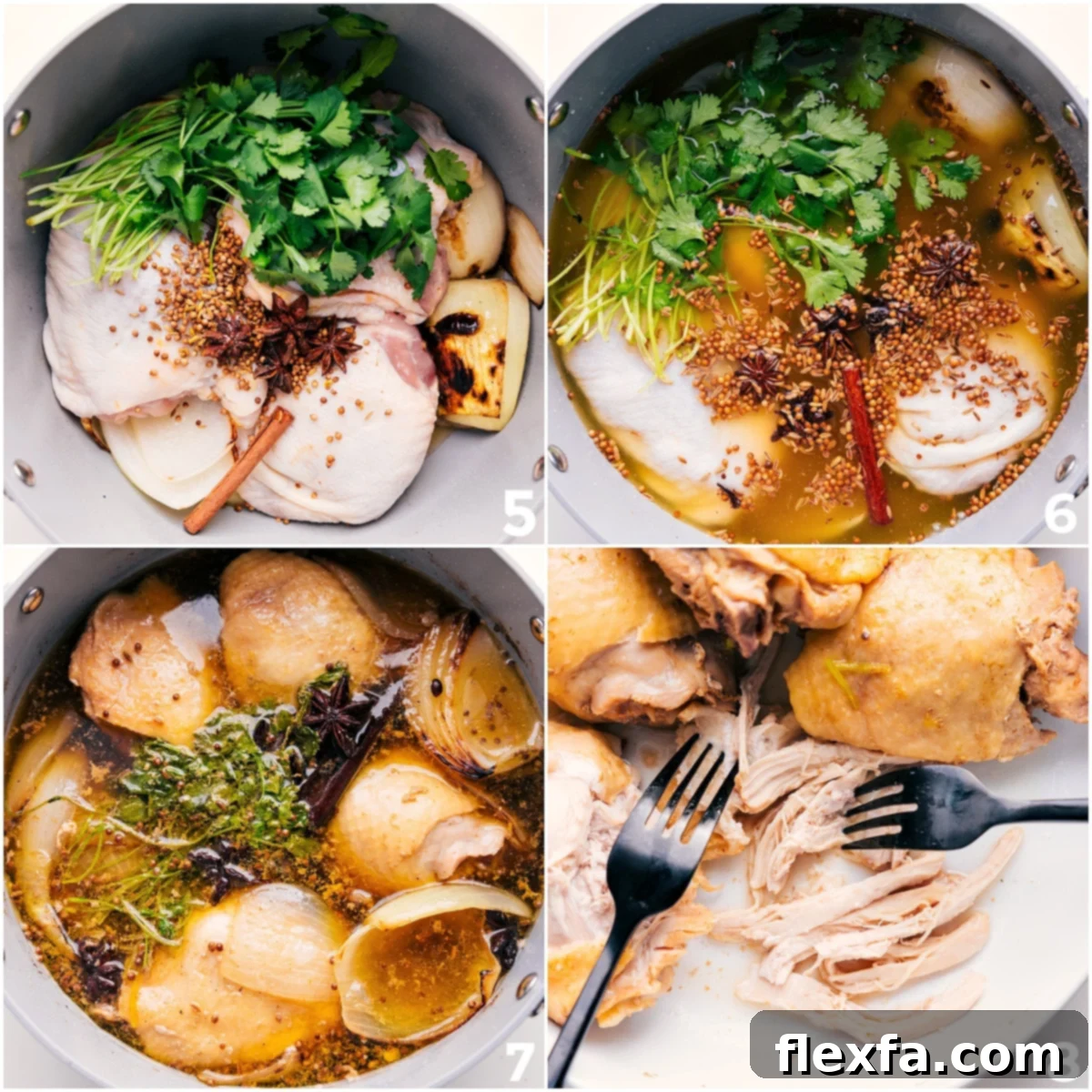 Chicken, toasted spices, cilantro, and broth added to the pot.