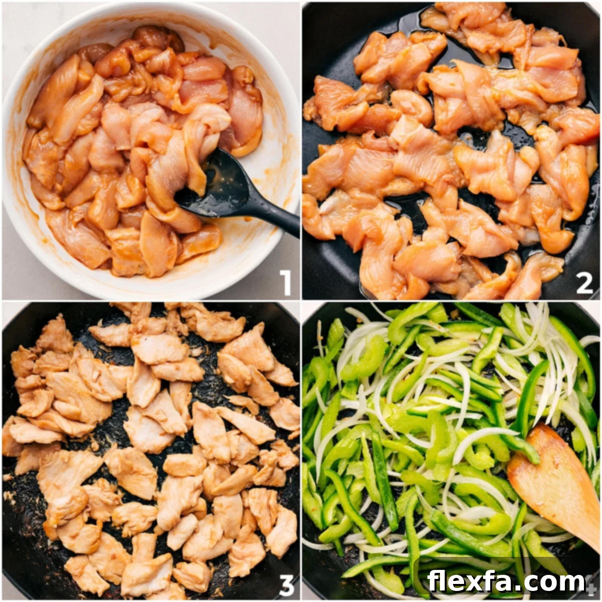 Chicken marinating in sauce, then cooked, with peppers sautéed separately.