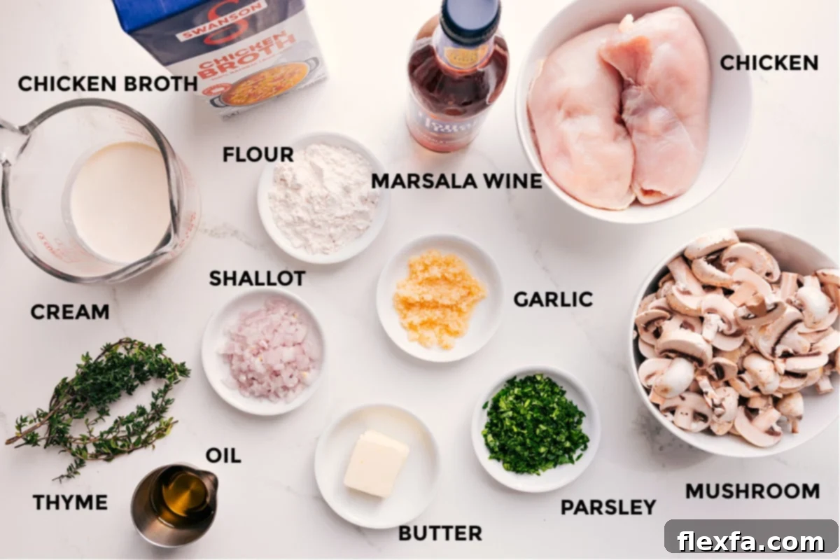Ingredients for Chicken Marsala: chicken, mushrooms, garlic, shallots, Marsala wine, broth, butter, olive oil, cream, thyme, and parsley.