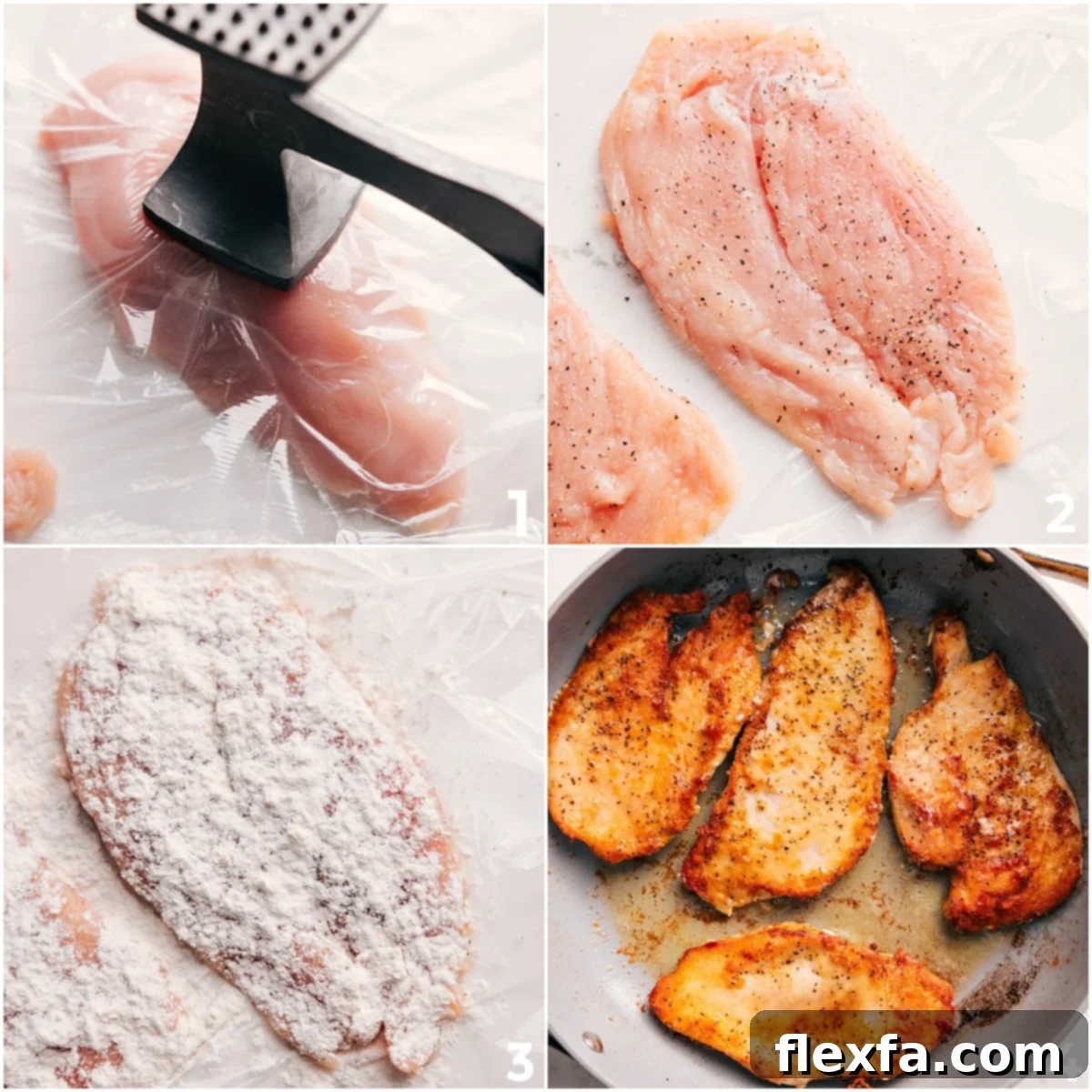 Preparing chicken for Chicken Marsala: pounding the breasts, coating in flour, and searing in oil.