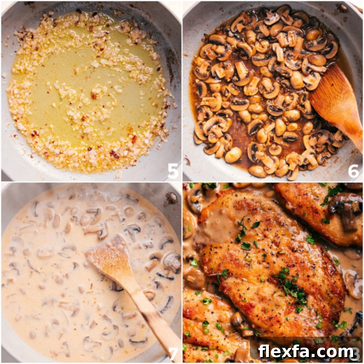 Chicken Marsala in process: creamy sauce being sautéed, then chicken added back in.