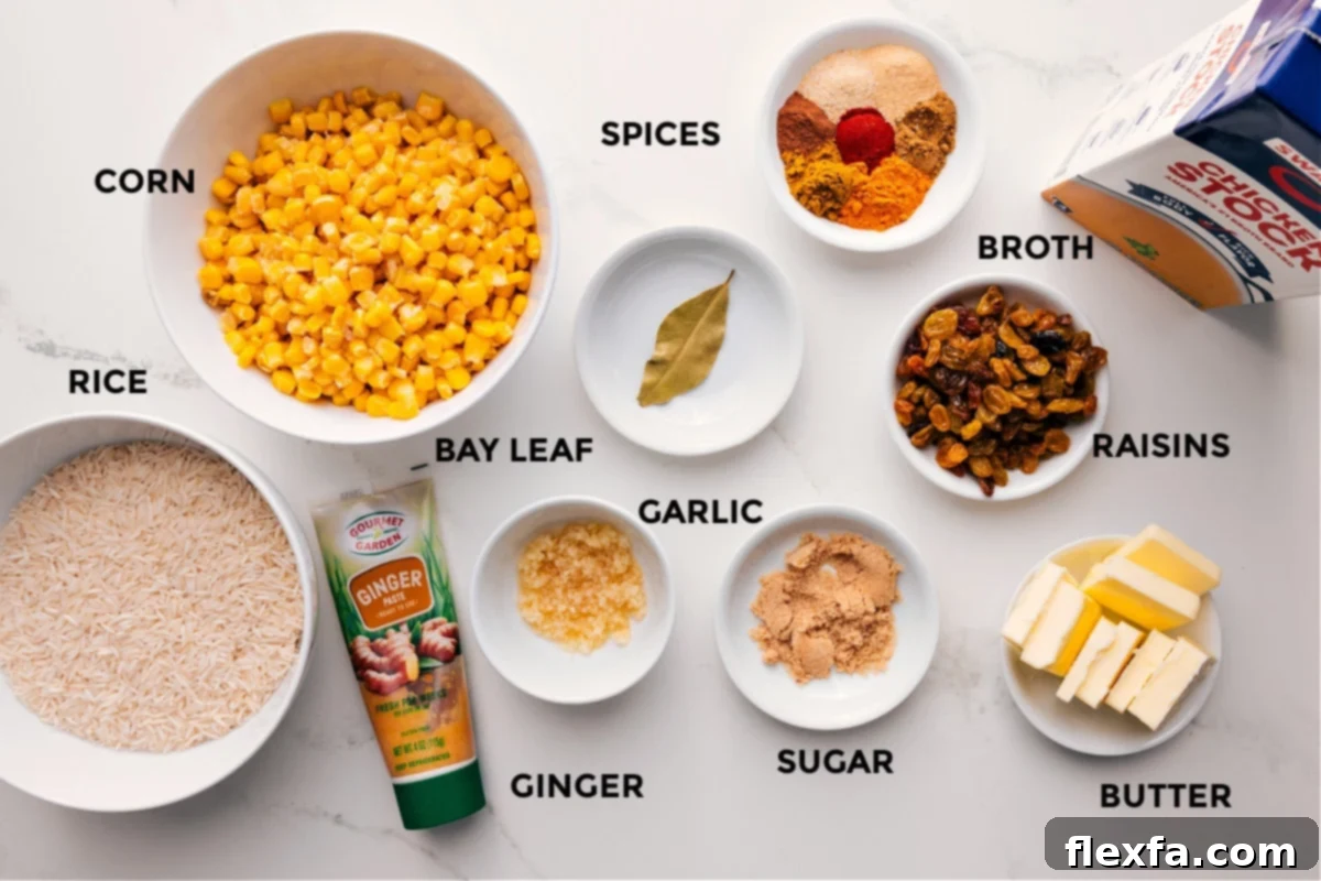 All the ingredients in this recipe prepped out for easy assembly including the rice, corn, ginger, bay leaf, garlic, sugar, butter, raisins, broth, and spices.
