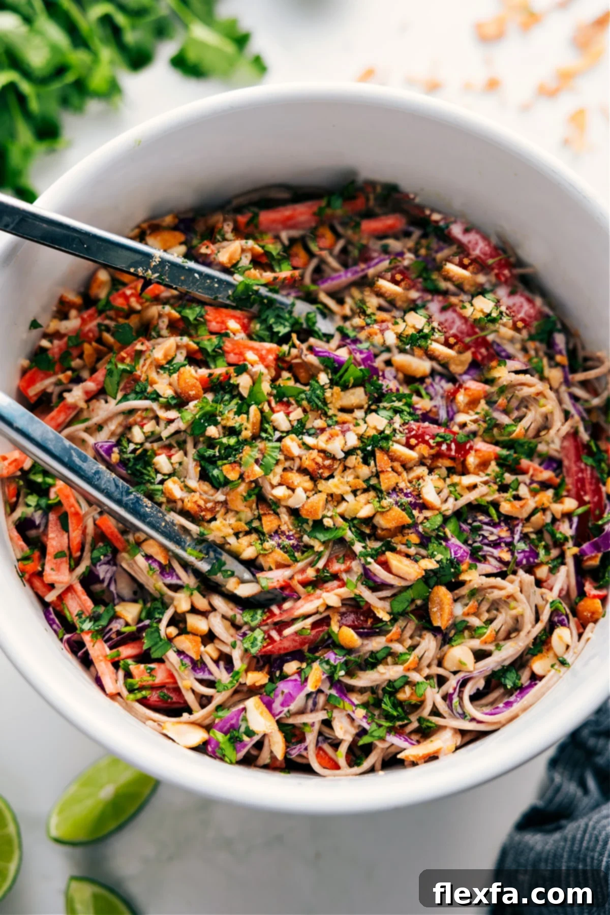 Soba Noodle Salad Recipe: A vibrant bowl of noodles, chicken, and colorful vegetables tossed with a creamy dressing and topped with peanuts.