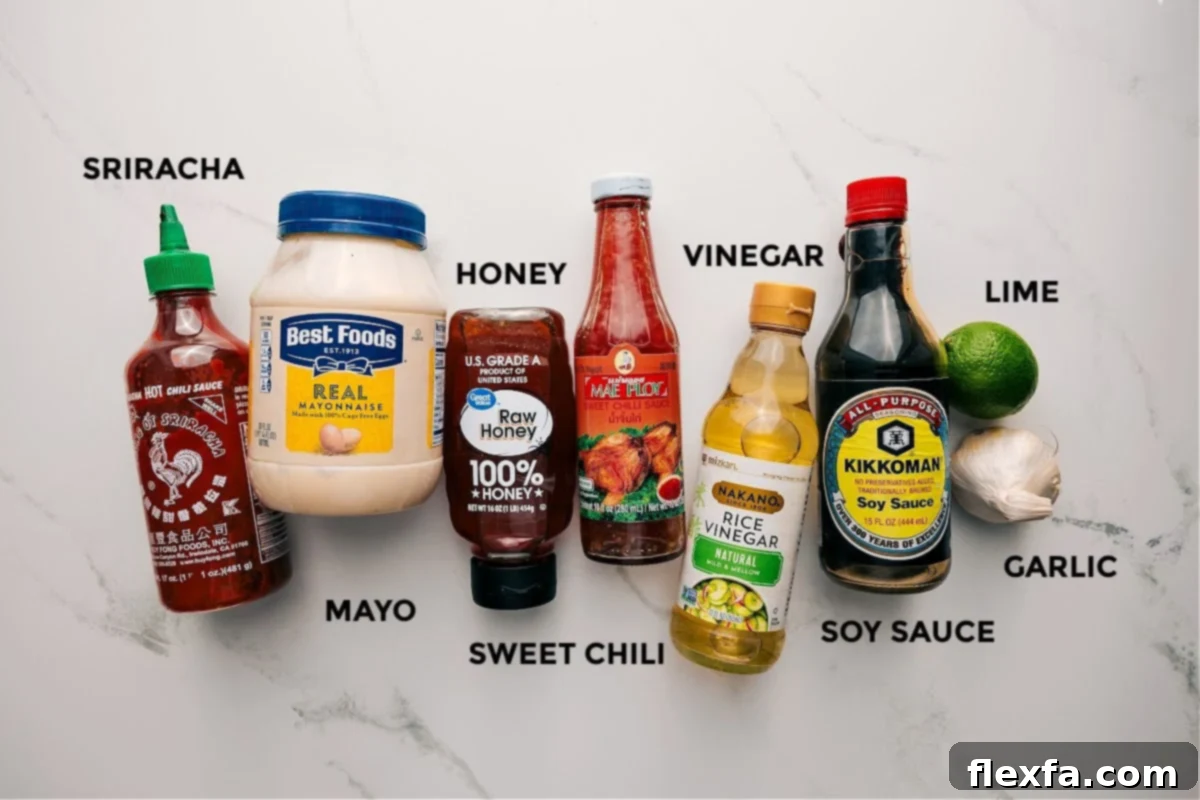 Dressing Ingredients: Sriracha, mayo, honey, sweet chili sauce, vinegar, soy sauce, garlic, and lime are prepped and ready to be mixed for the soba noodle salad dressing.