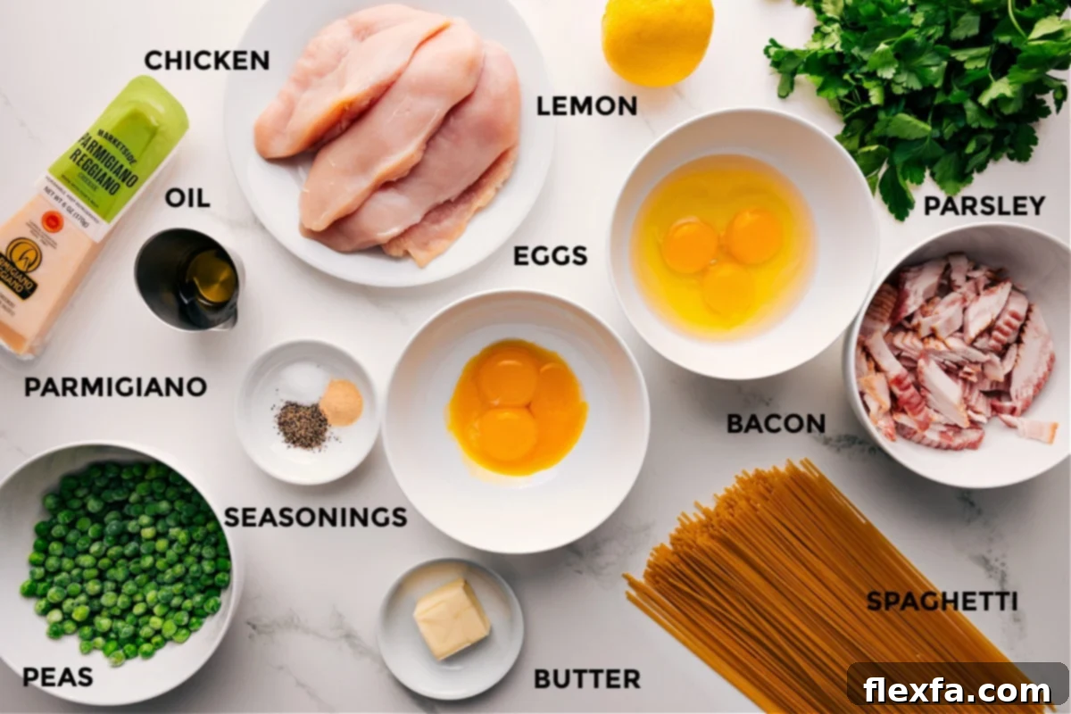 All ingredients for Chicken Carbonara Recipe: chicken, bacon, eggs, spaghetti, Parmesan, peas, and lemon