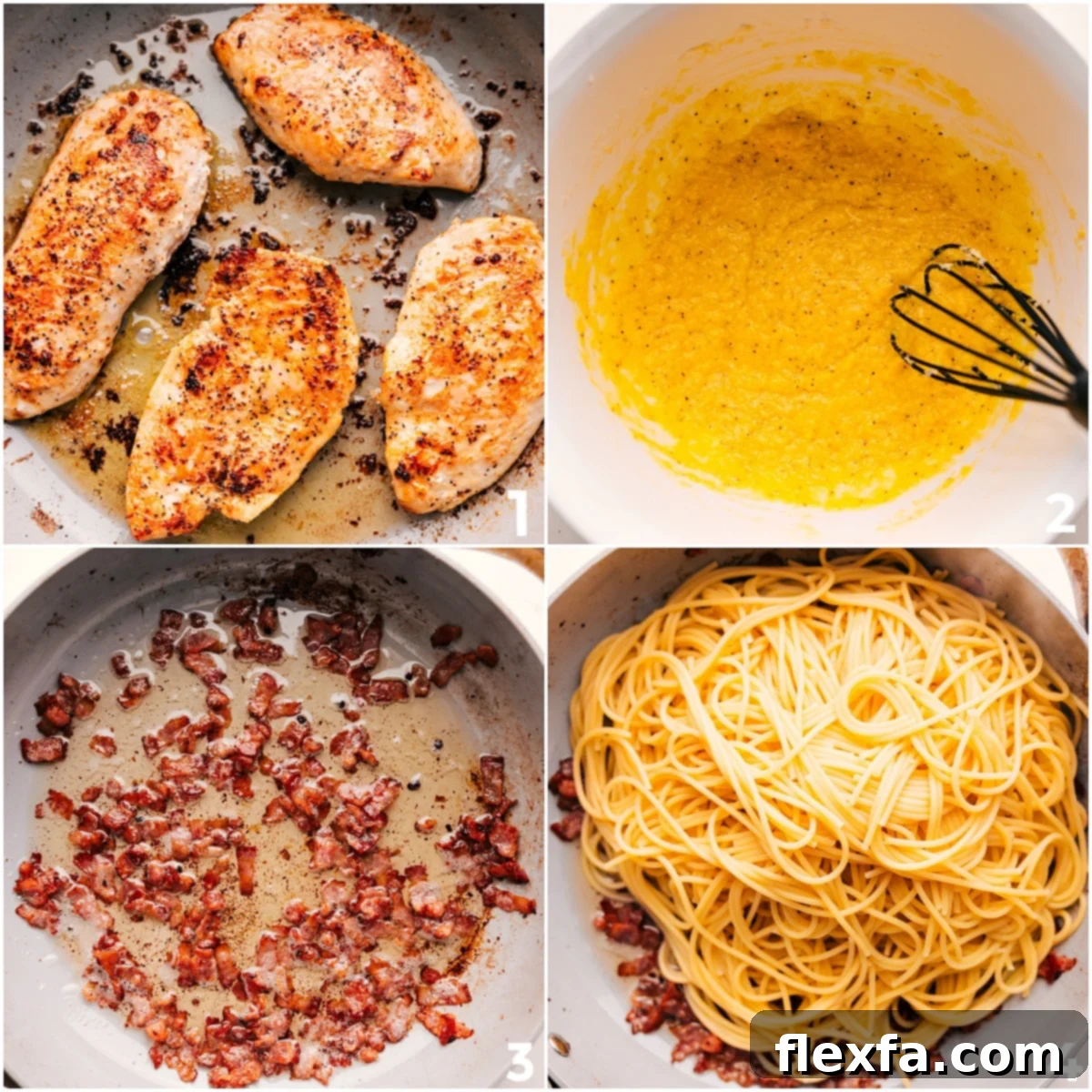 Chicken cooking, egg sauce whisking, and bacon crisping for Chicken Carbonara Recipe