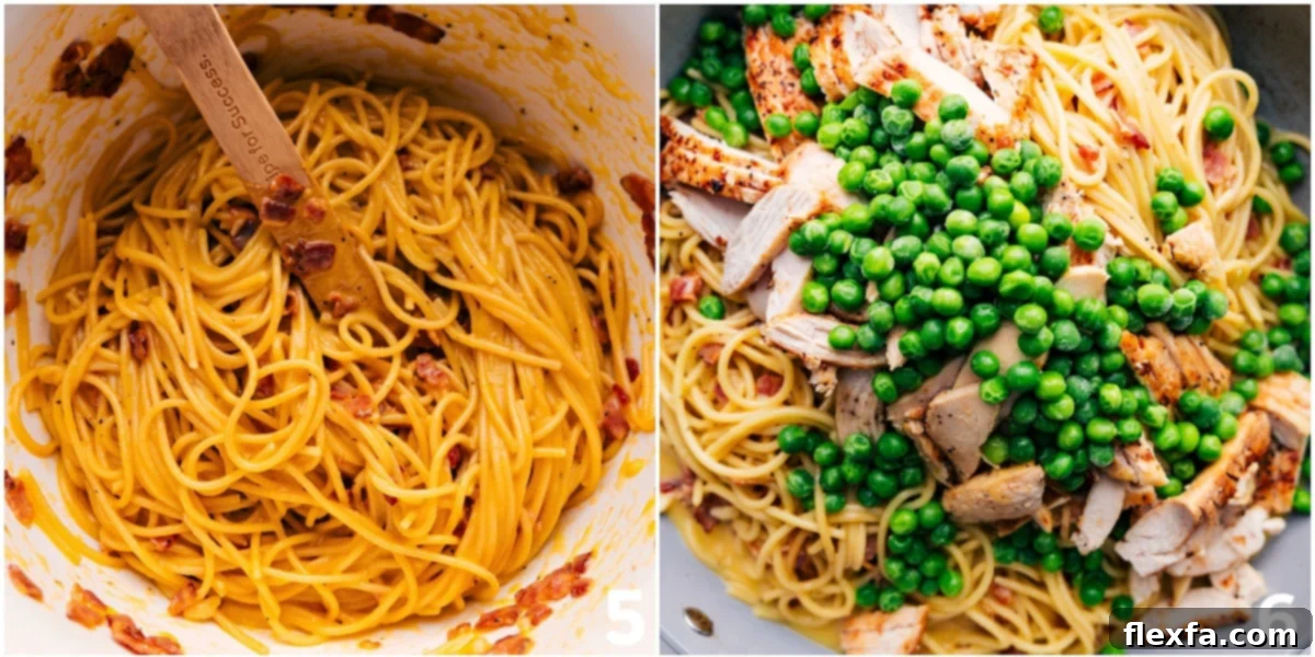Chicken Carbonara mixed and topped with peas and chicken