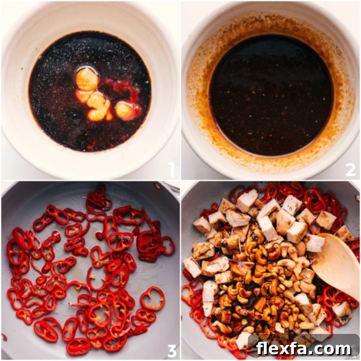 Steps to make Cashew Chicken: whisking sauce, sauteing peppers, and adding chicken and sauce.