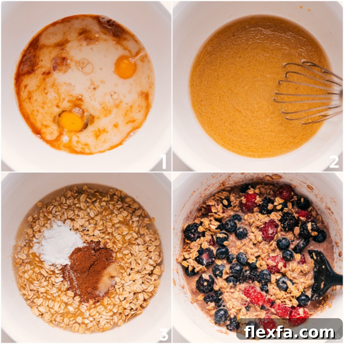 Mixing the ingredients for the berry oatmeal bake in a bowl.