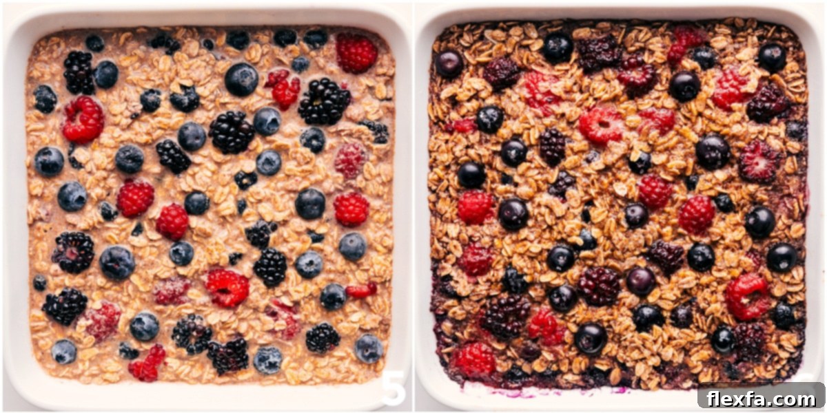 Baked berry oatmeal in a pan, ready to be sliced and served.