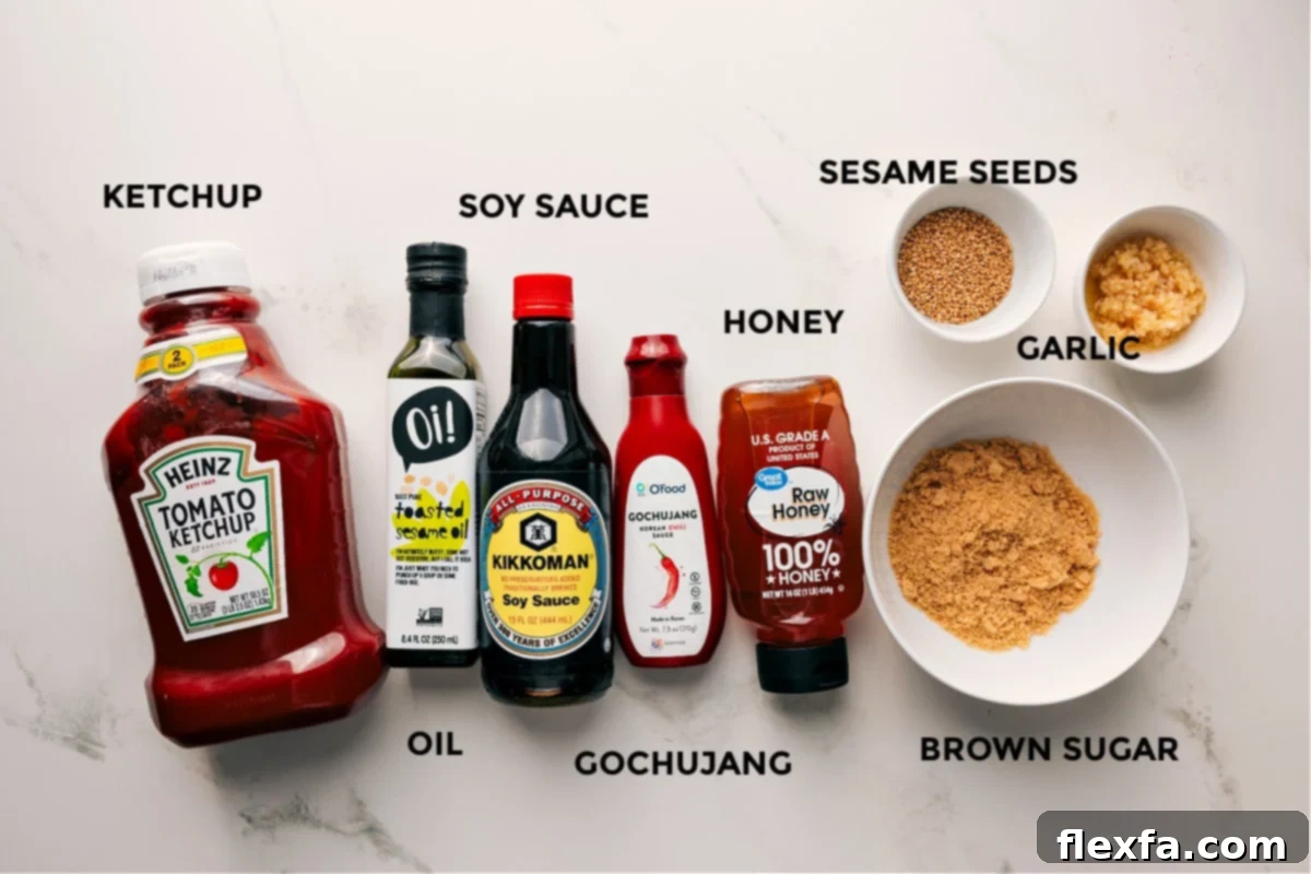 Korean Fried Chicken Delight 3 All the sauce ingredients prepped and ready, including ketchup, oil, soy sauce, gochujang, honey, sesame seeds, garlic, and brown sugar.