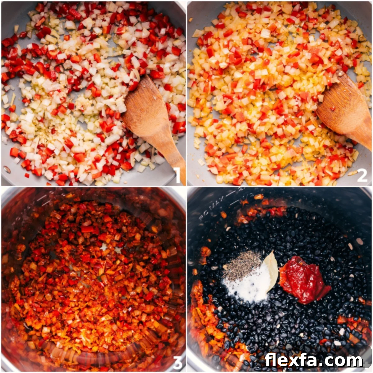 Sautéed veggies and spices added to the pressure cooker with beans