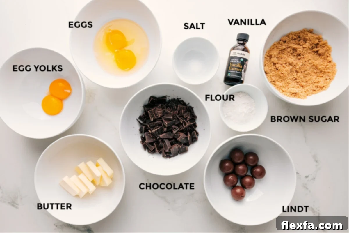 Ingredients for Chili's Lava Cake: chocolate, butter, eggs, sugar, flour, and vanilla.