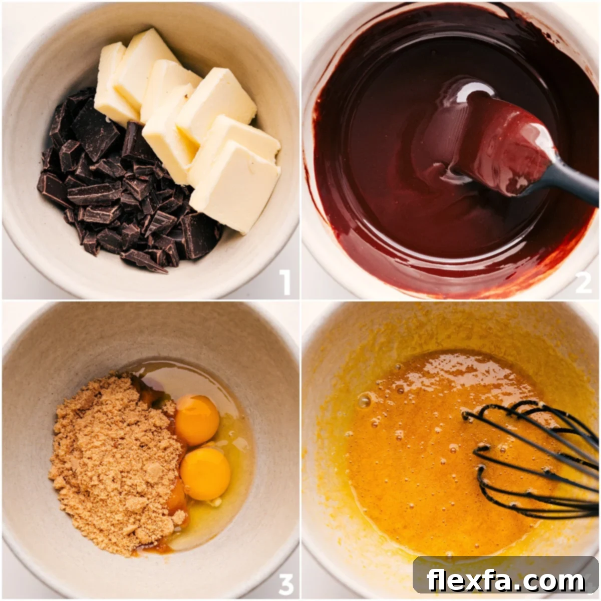 Melting chocolate and butter while whisking eggs and sugar for Chili's lava cake.