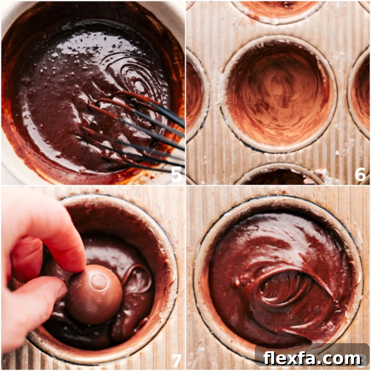 Pouring chocolate batter into muffin tins with chocolate truffles in the center.