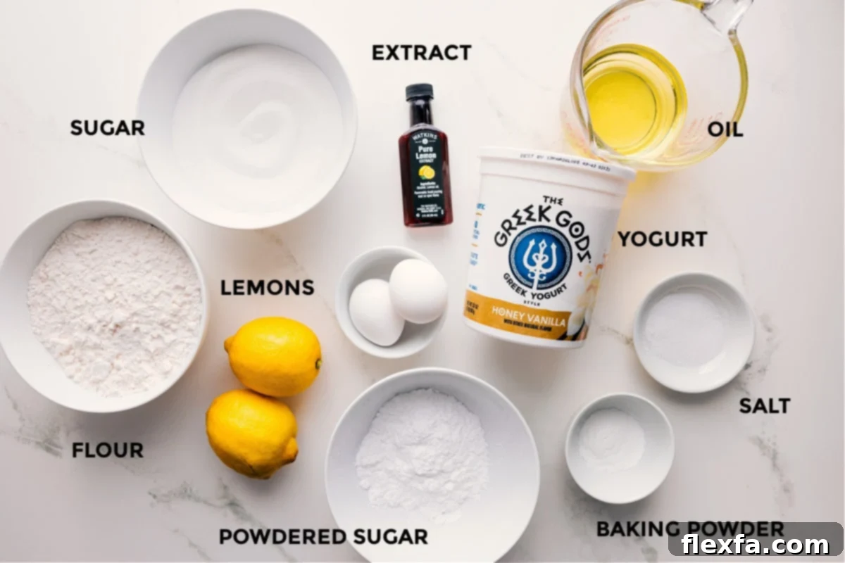 All the ingredients in this recipe prepped out for easy assembly including the flour, sugar, extract, lemons, powdered sugar, baking powder, salt, yogurt, and oil.