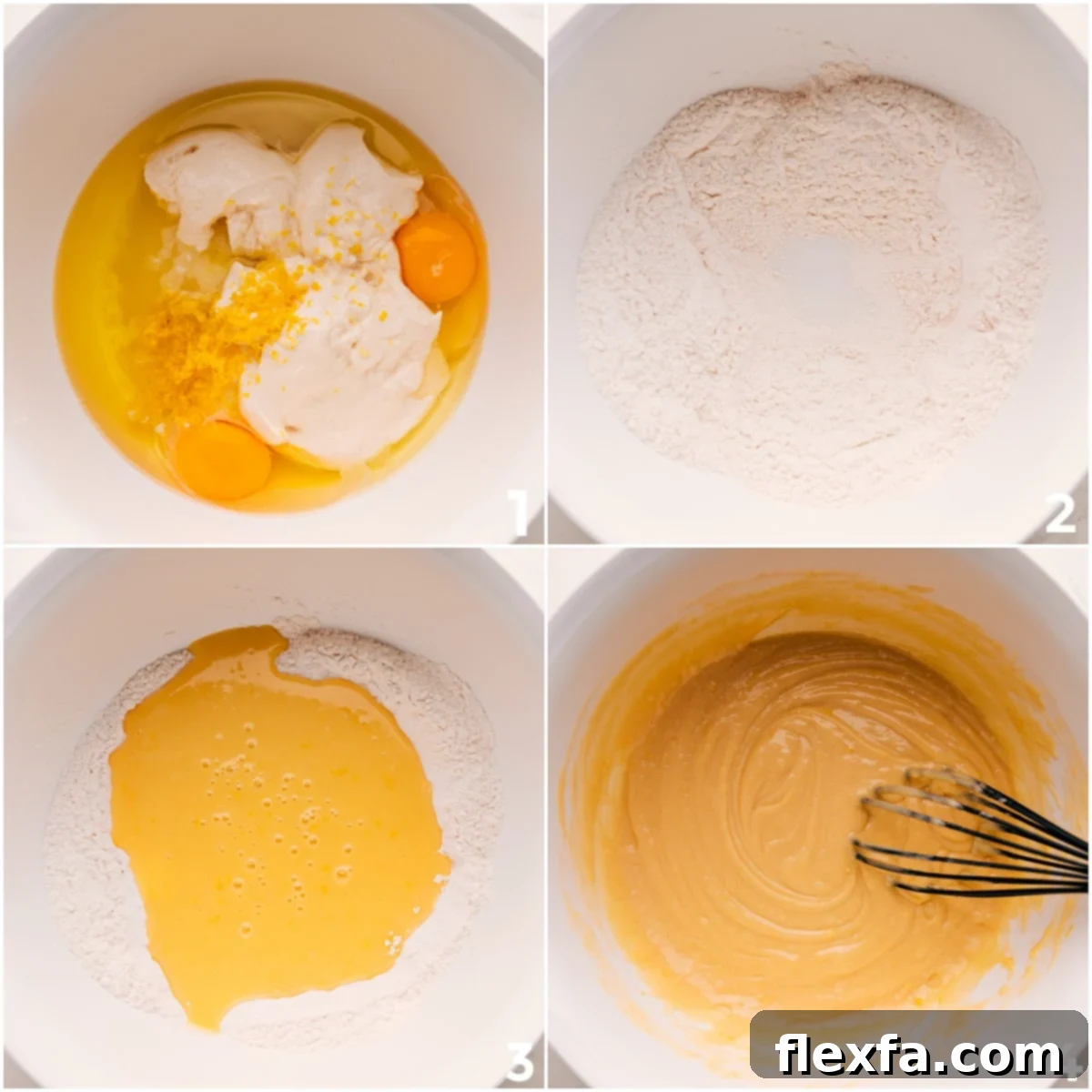 The wet and dry ingredients in this lemon bread recipe whisked together in a bowl.